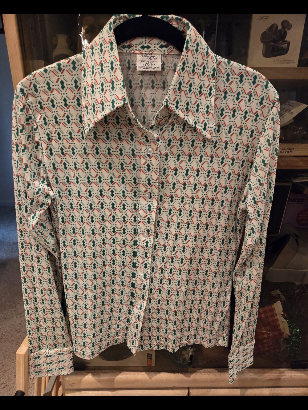 Vintage Women's Patterned Button-Up Shirt - White with Green & Red